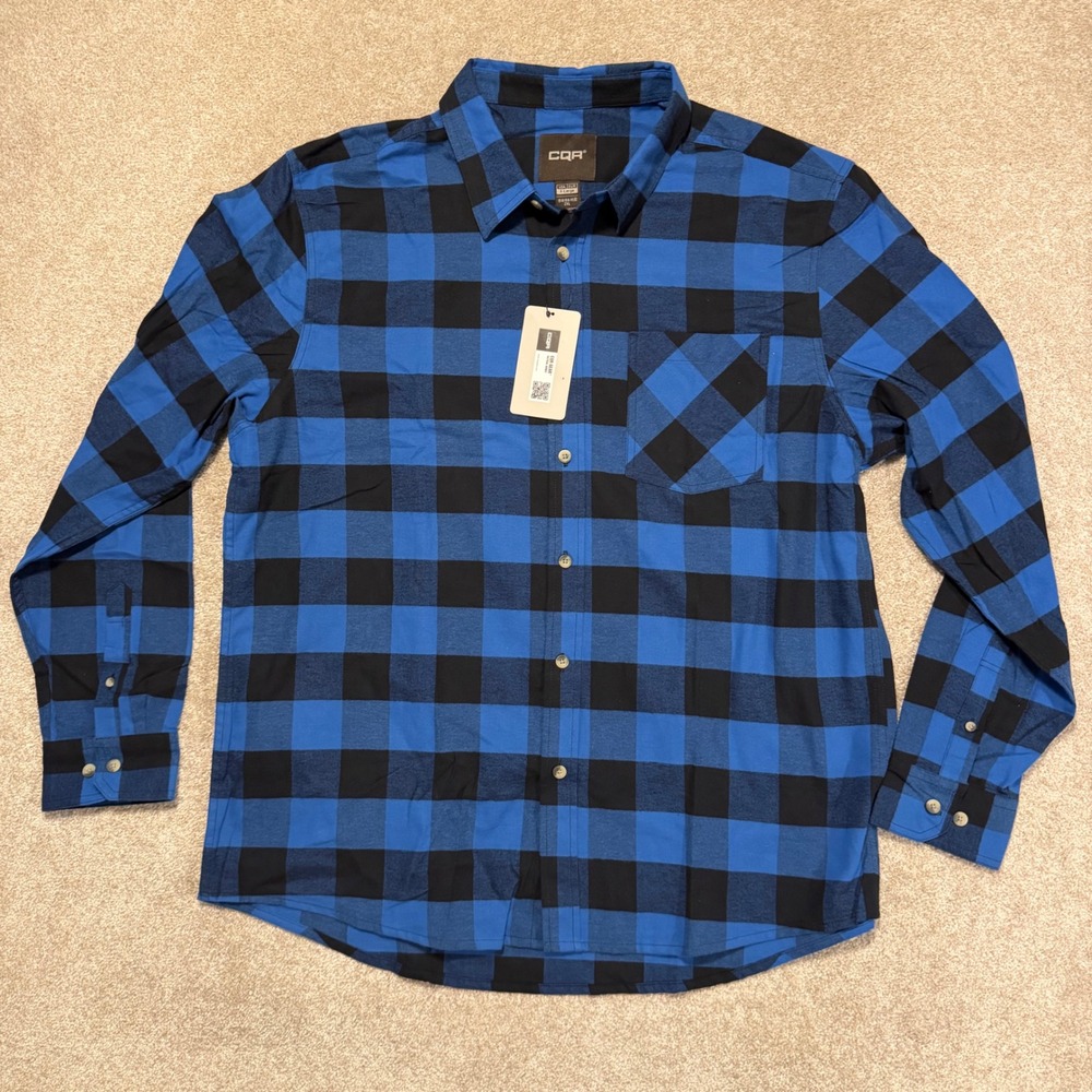 Flannel Shirt Mens XL Blue Black Buffalo Plaid Cotton CQR Tactical Series NWT